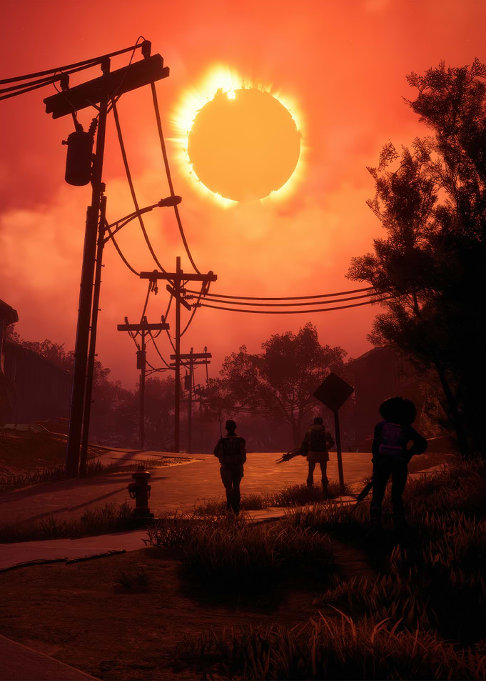 Redfall Apocalyptic Eclipse with Figures on Road