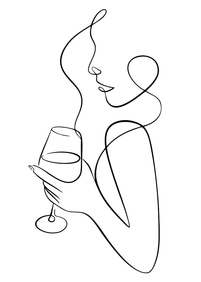 Woman with Wine Glass Line Art
