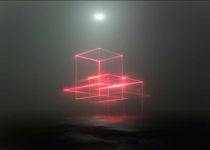 Red Neon Cubes in Fog