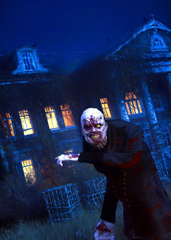 Creepy Vampire in front of Haunted House