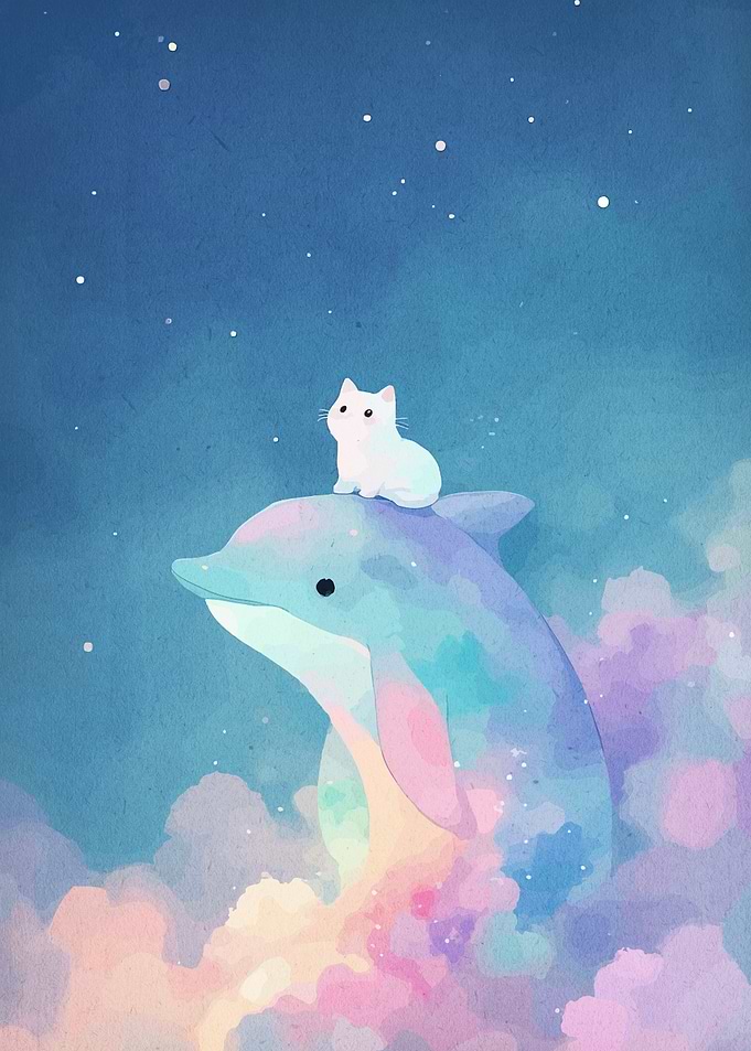 Cat on Dolphin in Starry Sky