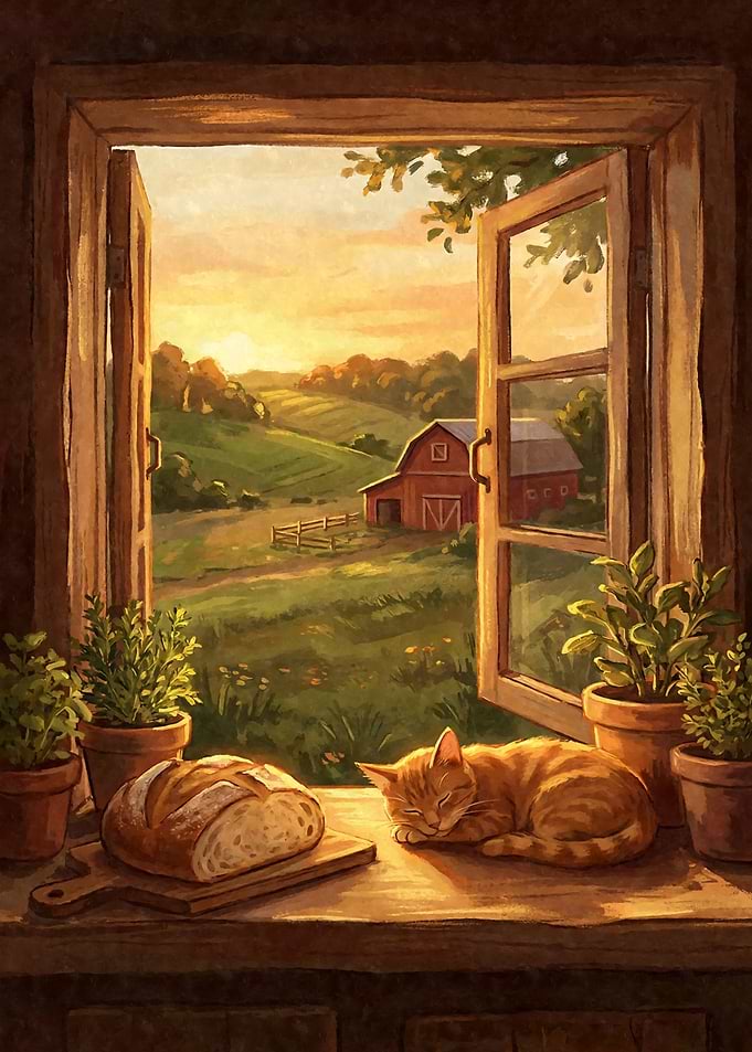 Cozy Window Scene with Cat and Bread