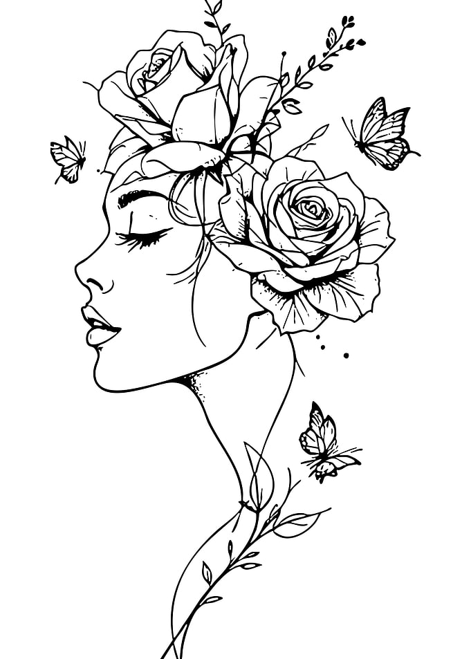 Woman with Roses and Butterflies Lineart