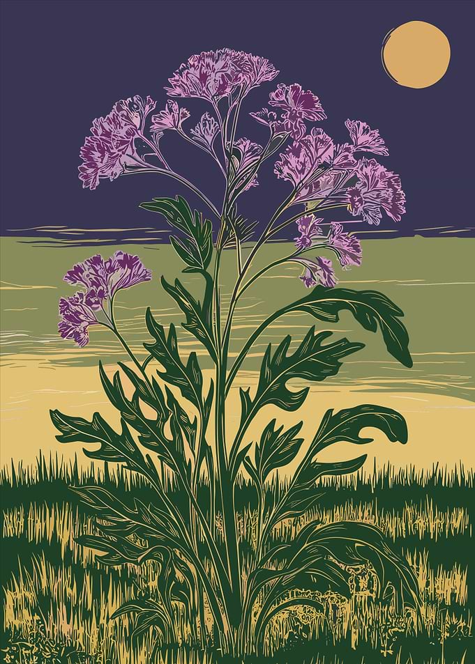 Lilac Floral Landscape with Moon