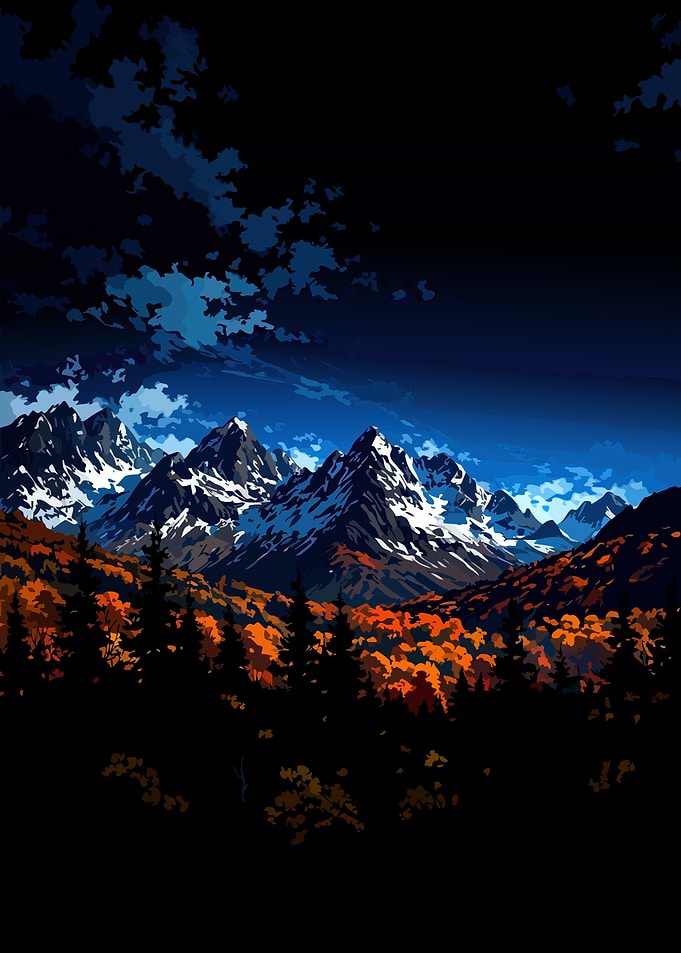 Snowy Mountains and Autumnal Forest