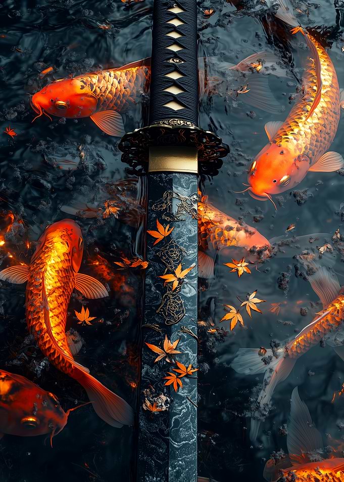 Katana and Koi Fish in Water