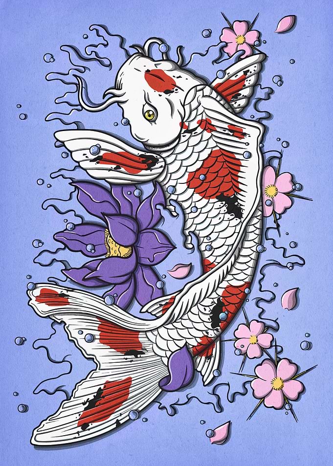 Koi Fish with Lotus and Cherry Blossoms