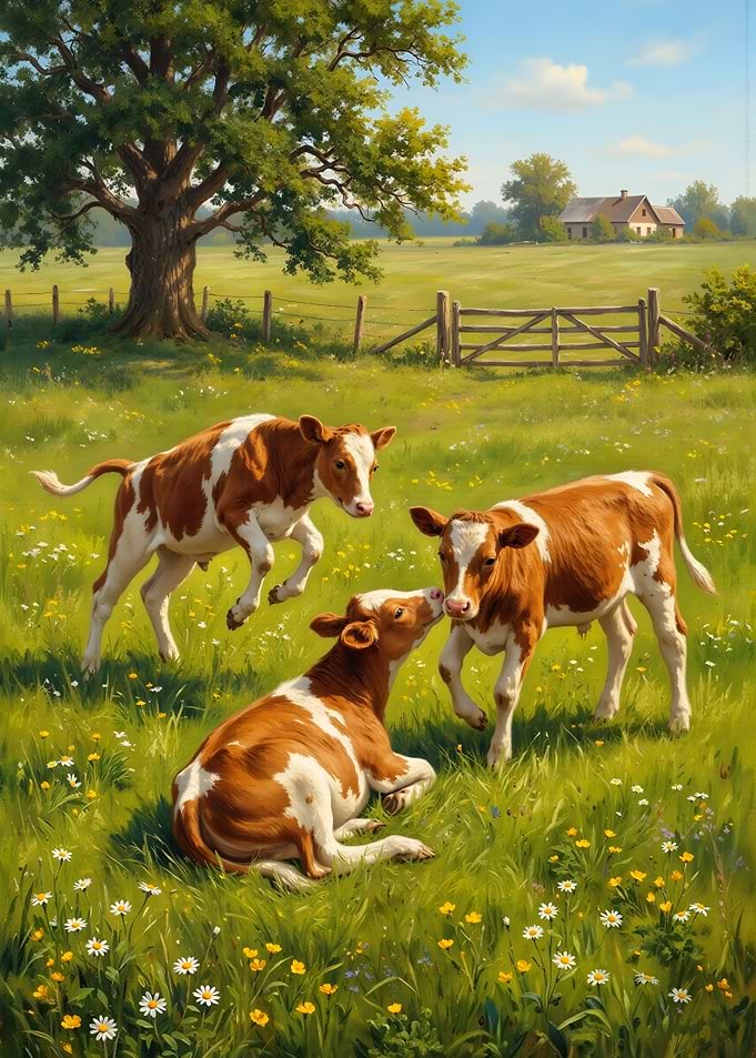 Calves playing in a summer meadow