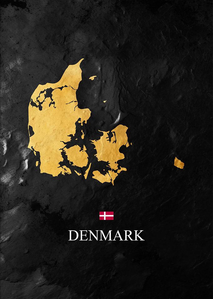 Golden Denmark Map on Black Texture