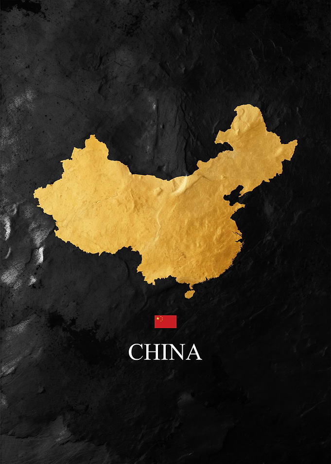 Golden China Map on Dark Background