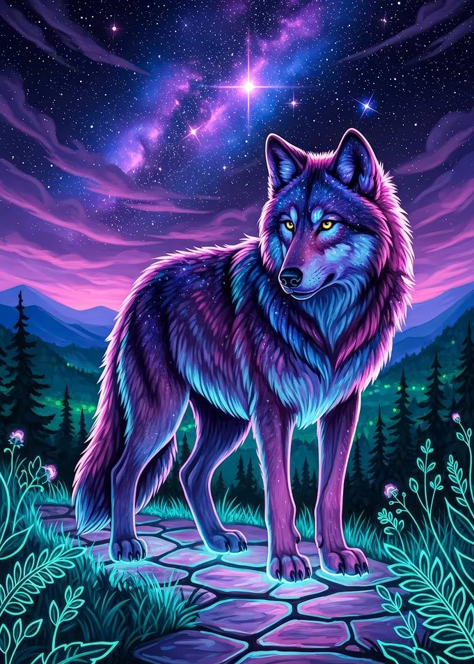 Neon Wolf Under Starry Sky