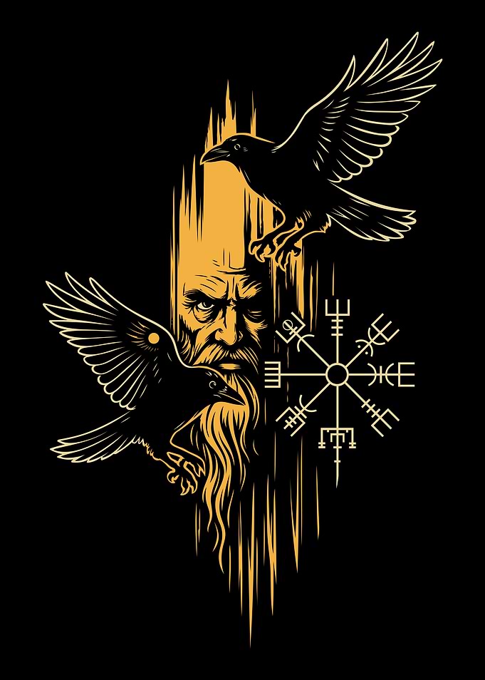Odin with Ravens and Vegvisir Symbol