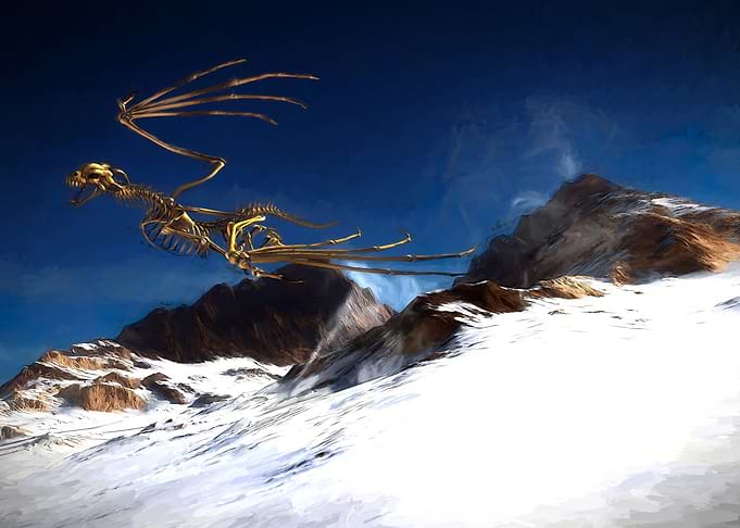 Skeletal Dragon Flying Over Snowy Mountains