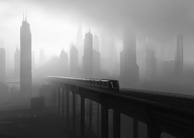 Monochrome Train in Foggy Cityscape