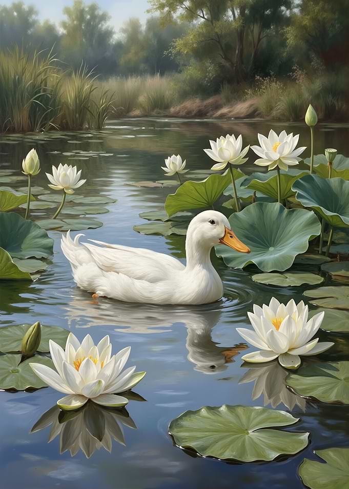 Duck and Water Lilies in Pond
