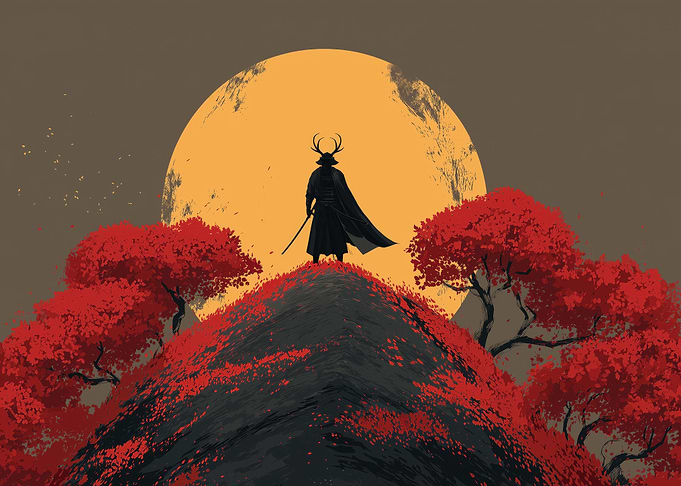 Samurai on Hill with Moon