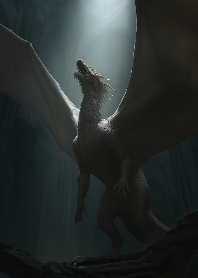 Majestic White Dragon in Dark Cave