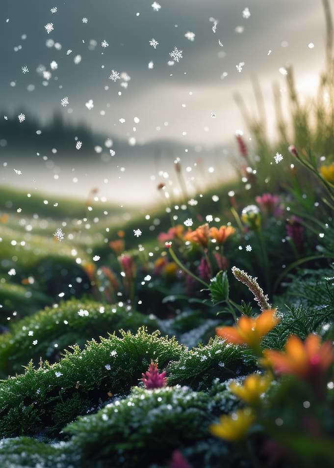 Snowy Meadow with Flowers