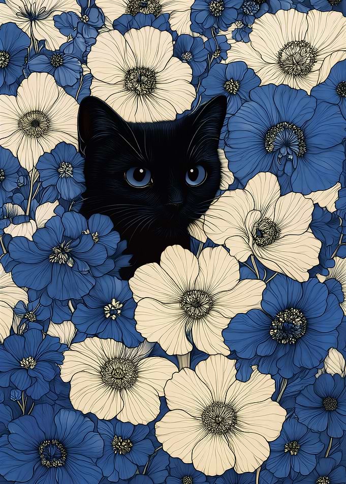 Black cat in blue flower garden