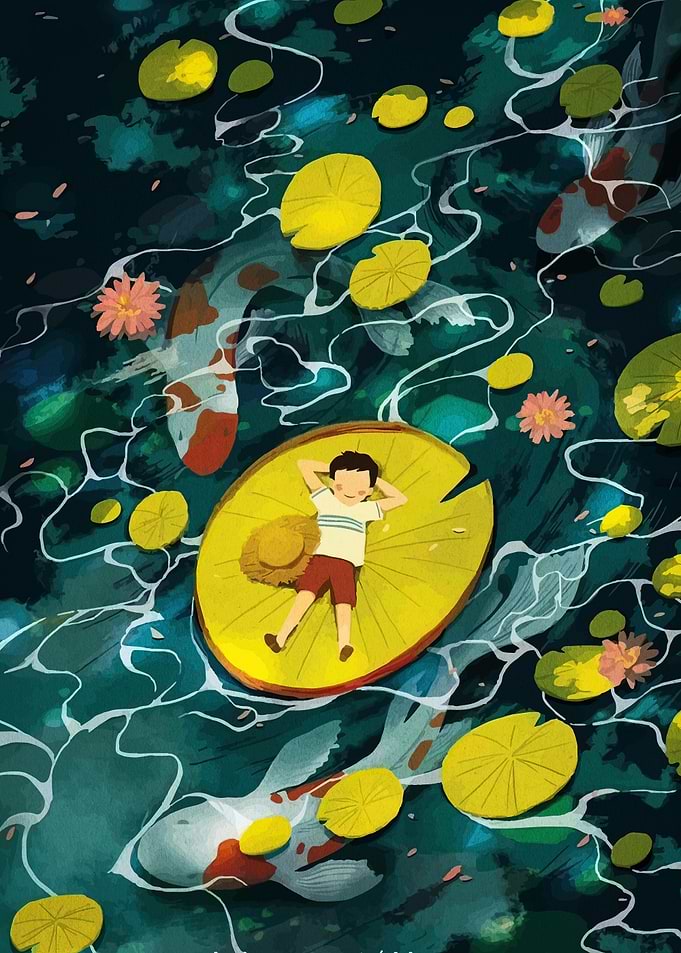 Boy on Lily Pad with Koi