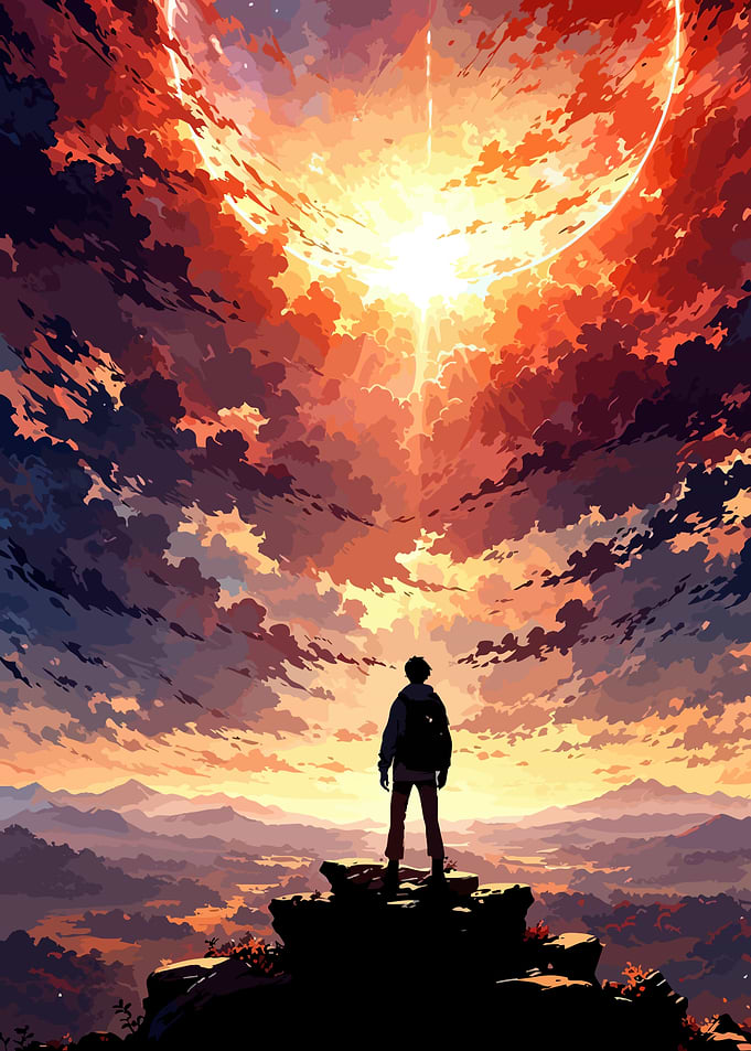 Man on Peak Under Fiery Sky