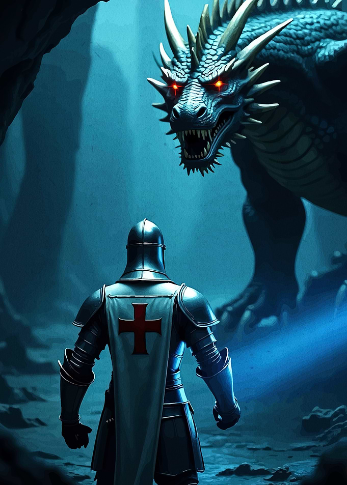 Knight facing a dragon in cave
