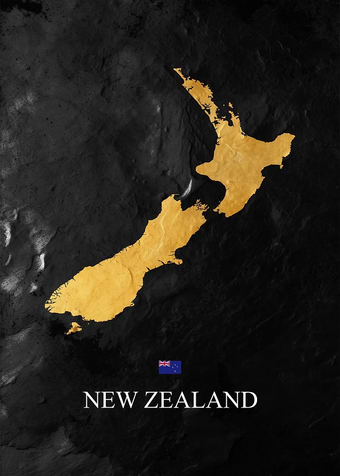 Golden New Zealand Map on Black
