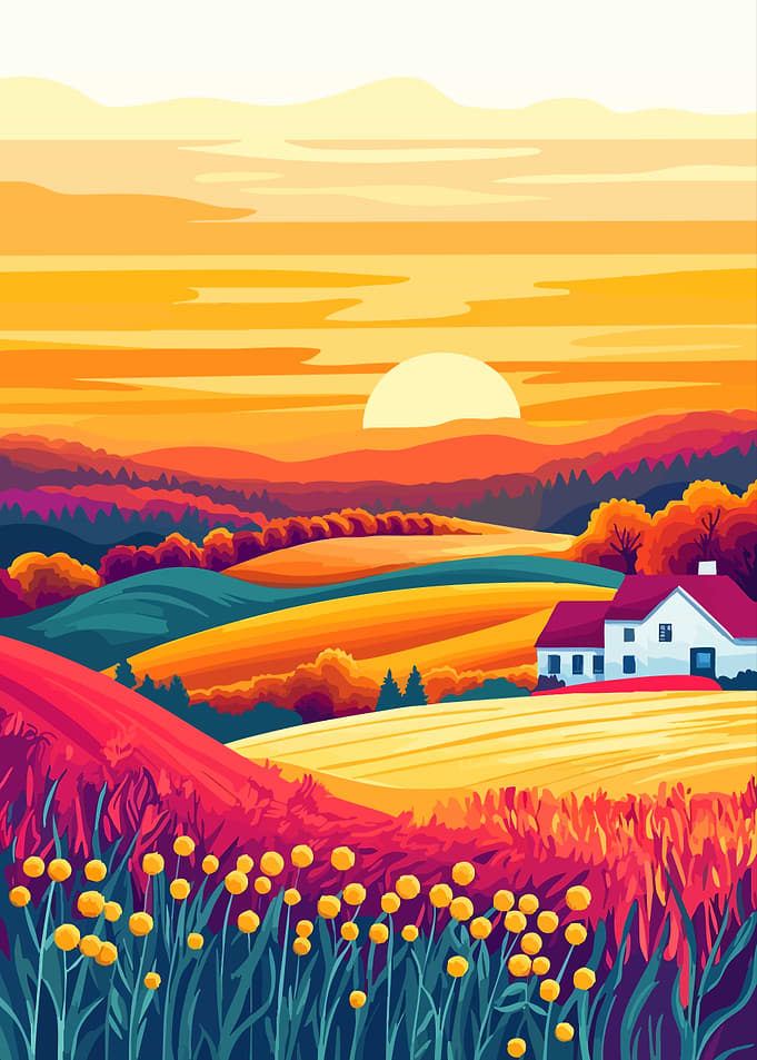 Colorful Countryside Farmfield Landscape Sunset Art