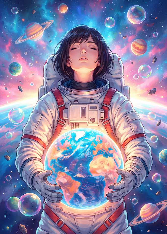 Astronaut Girl Holding Earth in Space