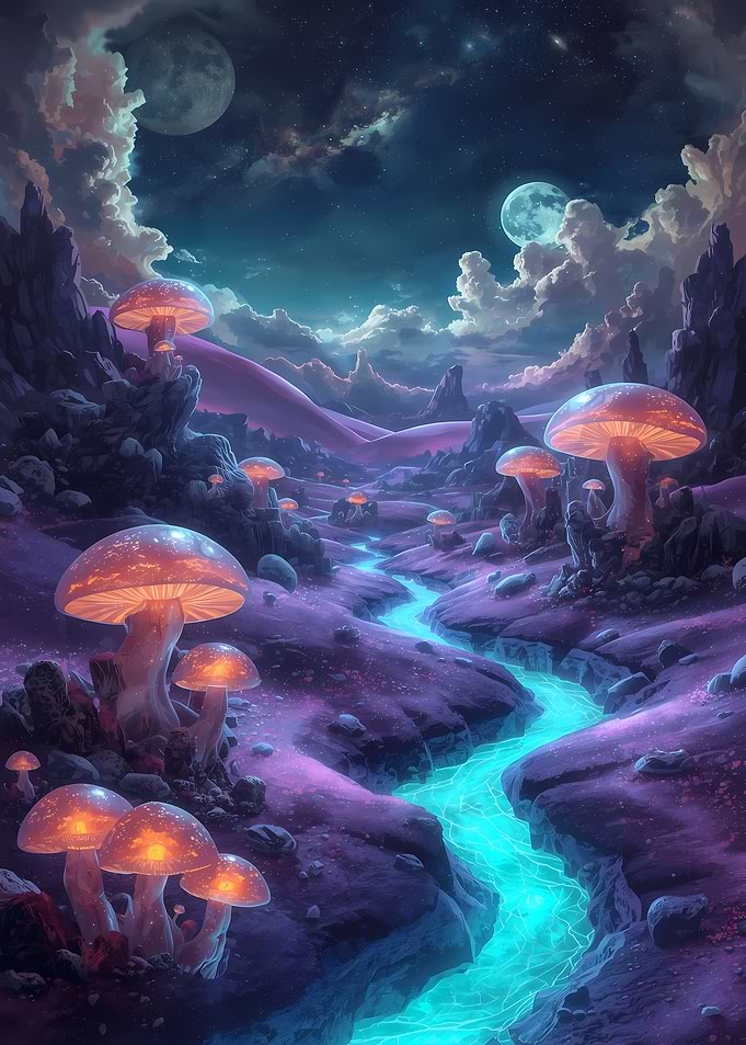 Glowing Mushroom Landscape with Turquoise River