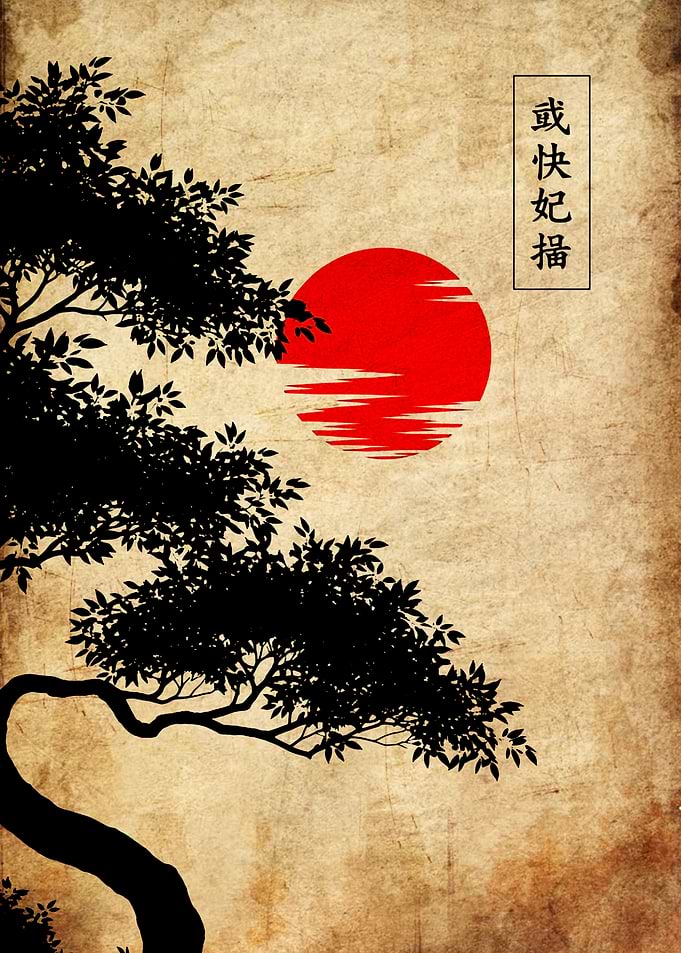Japanese Tree Silhouette with Rising Sun