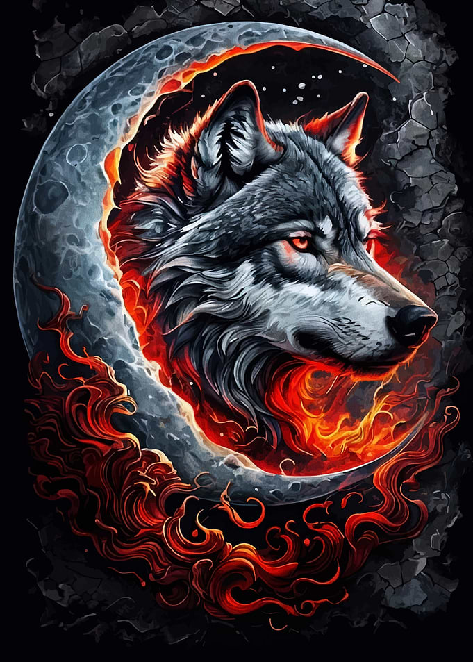 Wolf in Crescent Moon with Fire