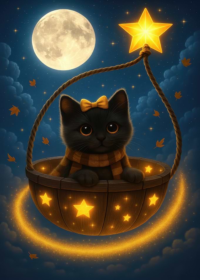 Cute Black Cat in Starry Basket