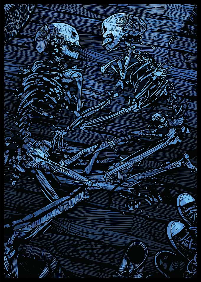 Skeletal Embrace on Wooden Floor