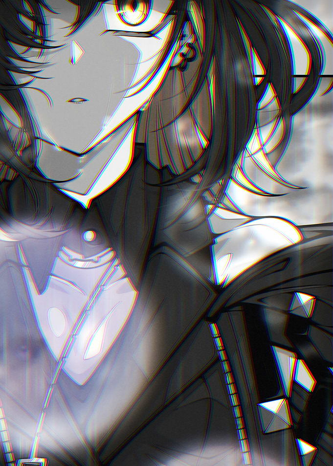 Monochrome Anime Character Portrait with Glitch