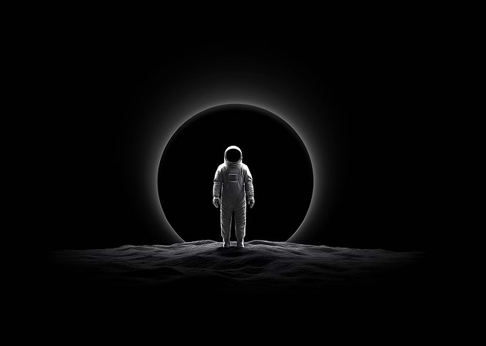 Astronaut Standing Before a Dark Portal