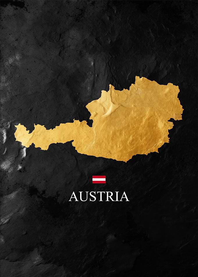 gold Austria Map Art on Black Background