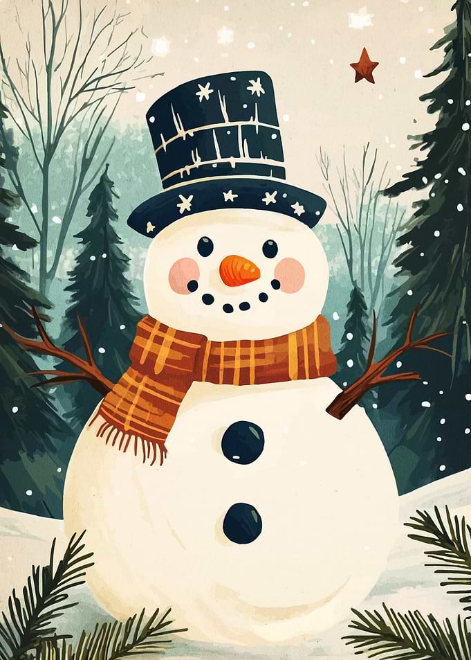 Watercolor Snowman in Winter Forest Scene
