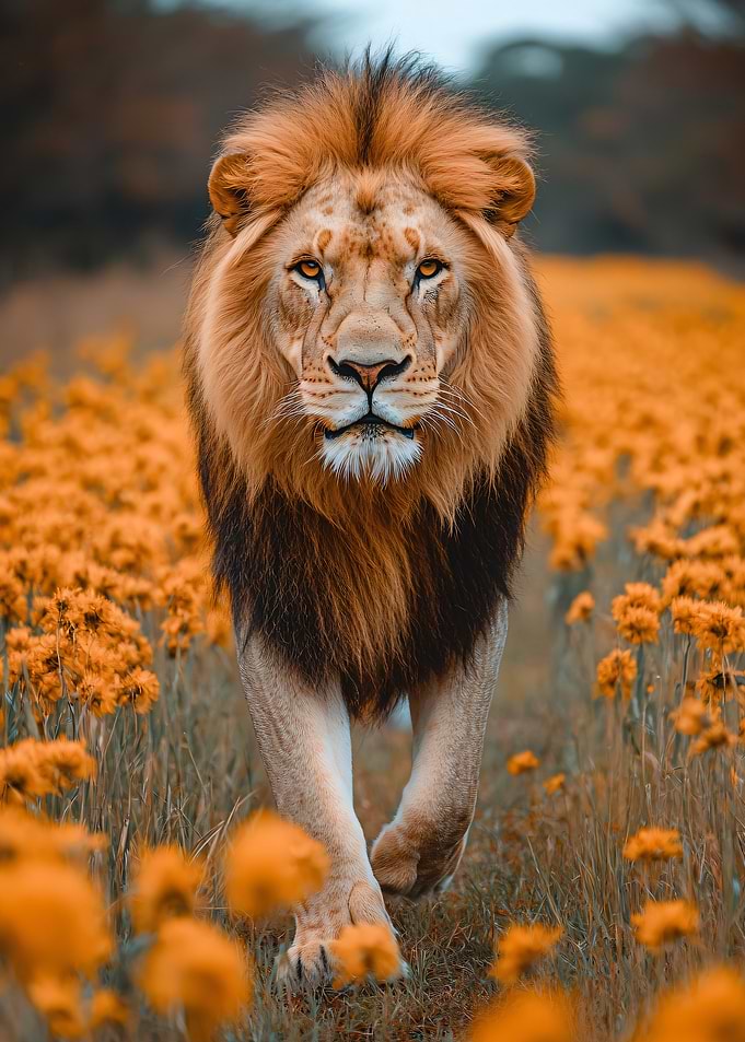 Majestic Lion in Field of Flowers