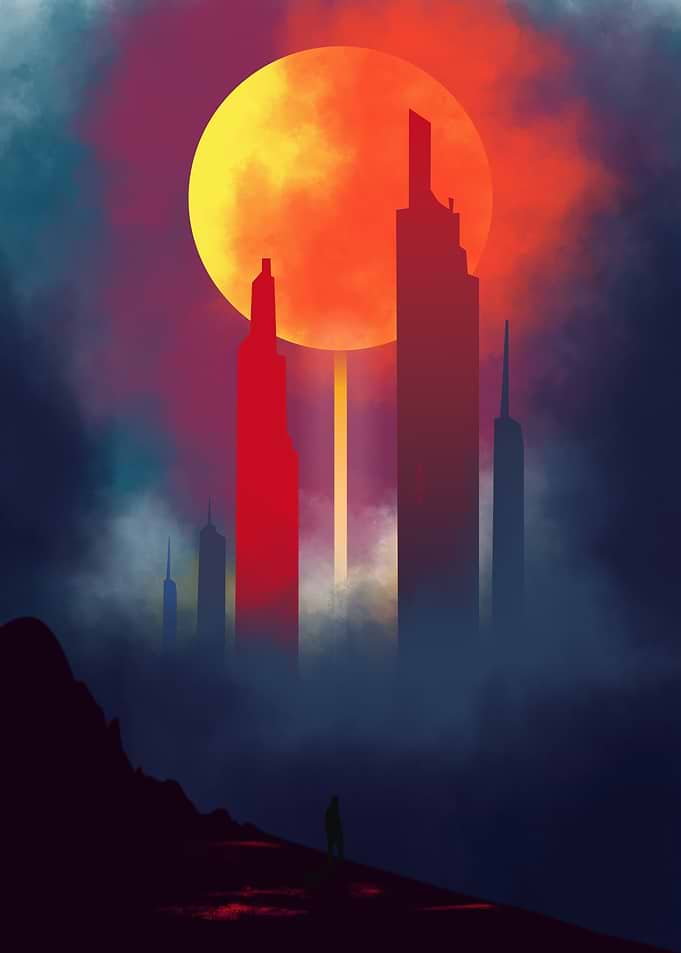 Cityscape Silhouette with Large Sun