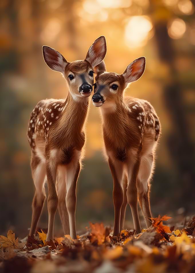 Two Fawn Deer in Autumn Forest