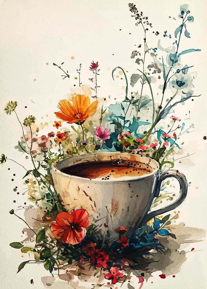 Coffee Cup with Floral Watercolor