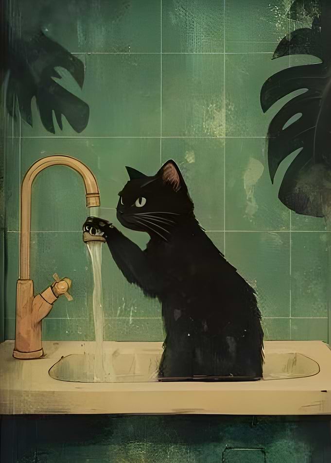 Black Cat Playing with Water Faucet