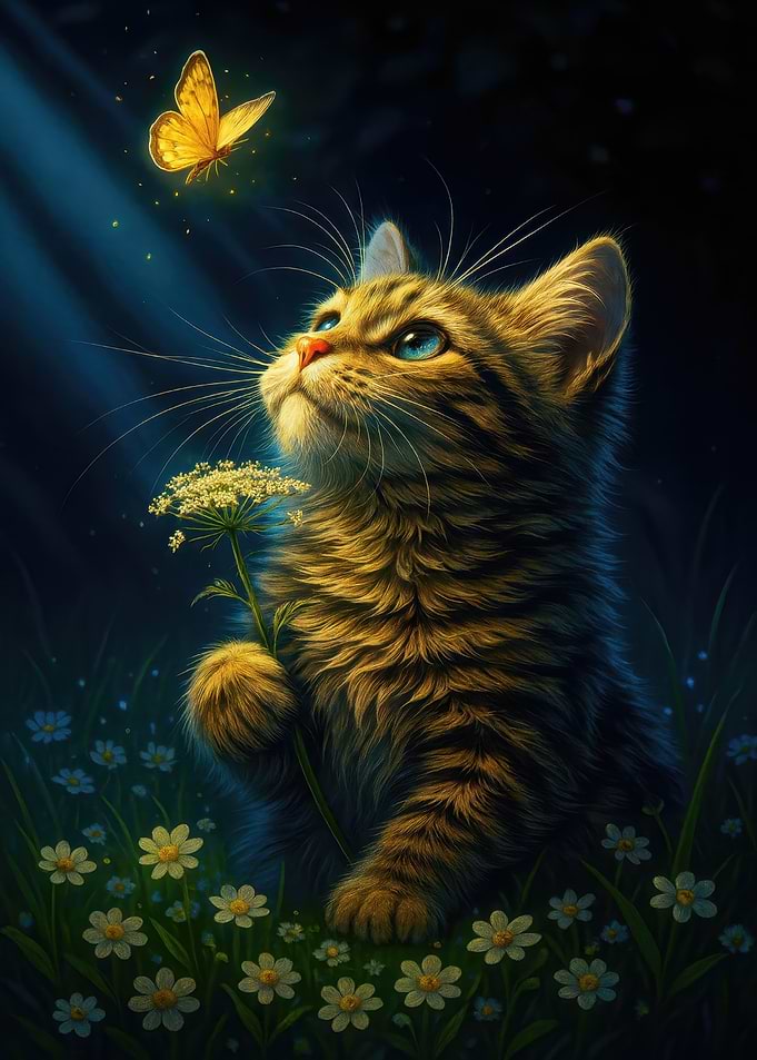 Kitten Gazing at Butterfly in Meadow