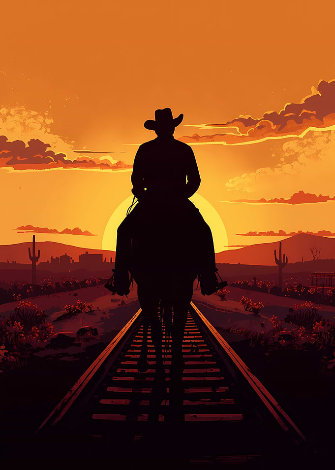 Cowboy Silhouette on Railroad at Sunset