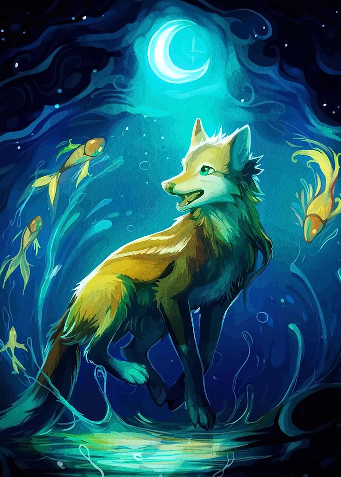 Fox and Fish Under Moonlight