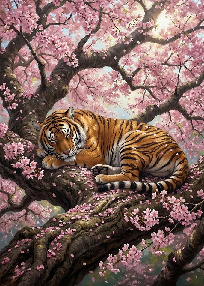 Tiger Sleeping in Cherry Blossom Tree