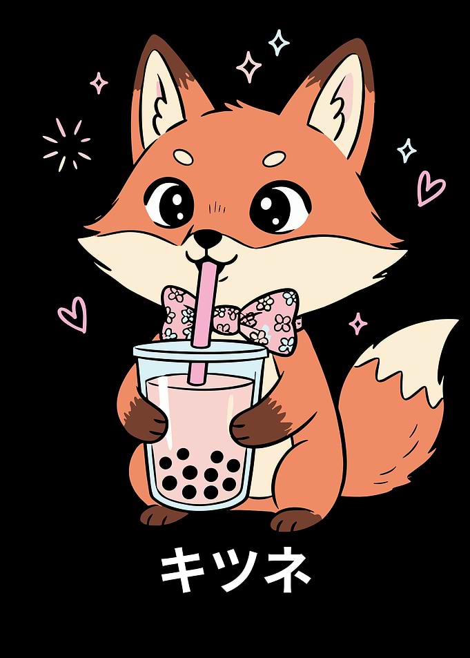 Cute Fox Drinking Bubble Tea