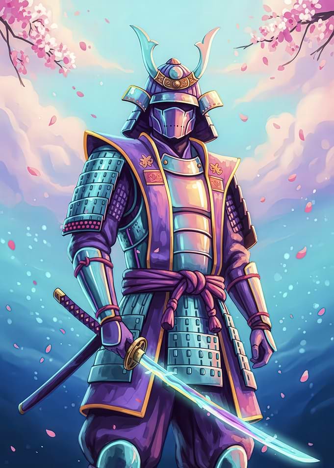 Purple Samurai with Cherry Blossoms