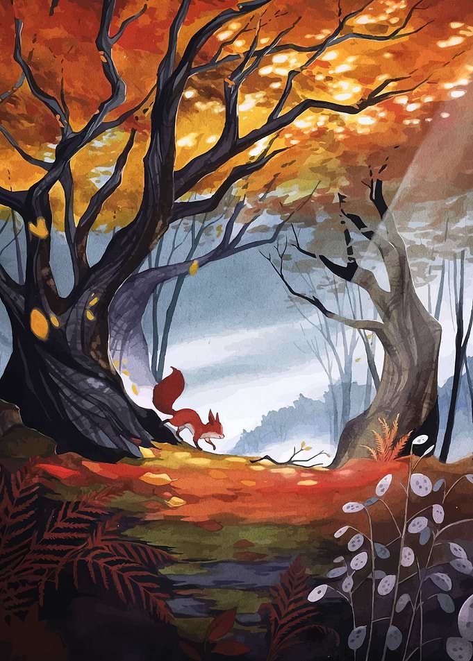 Autumn Forest with Squirrel Illustration